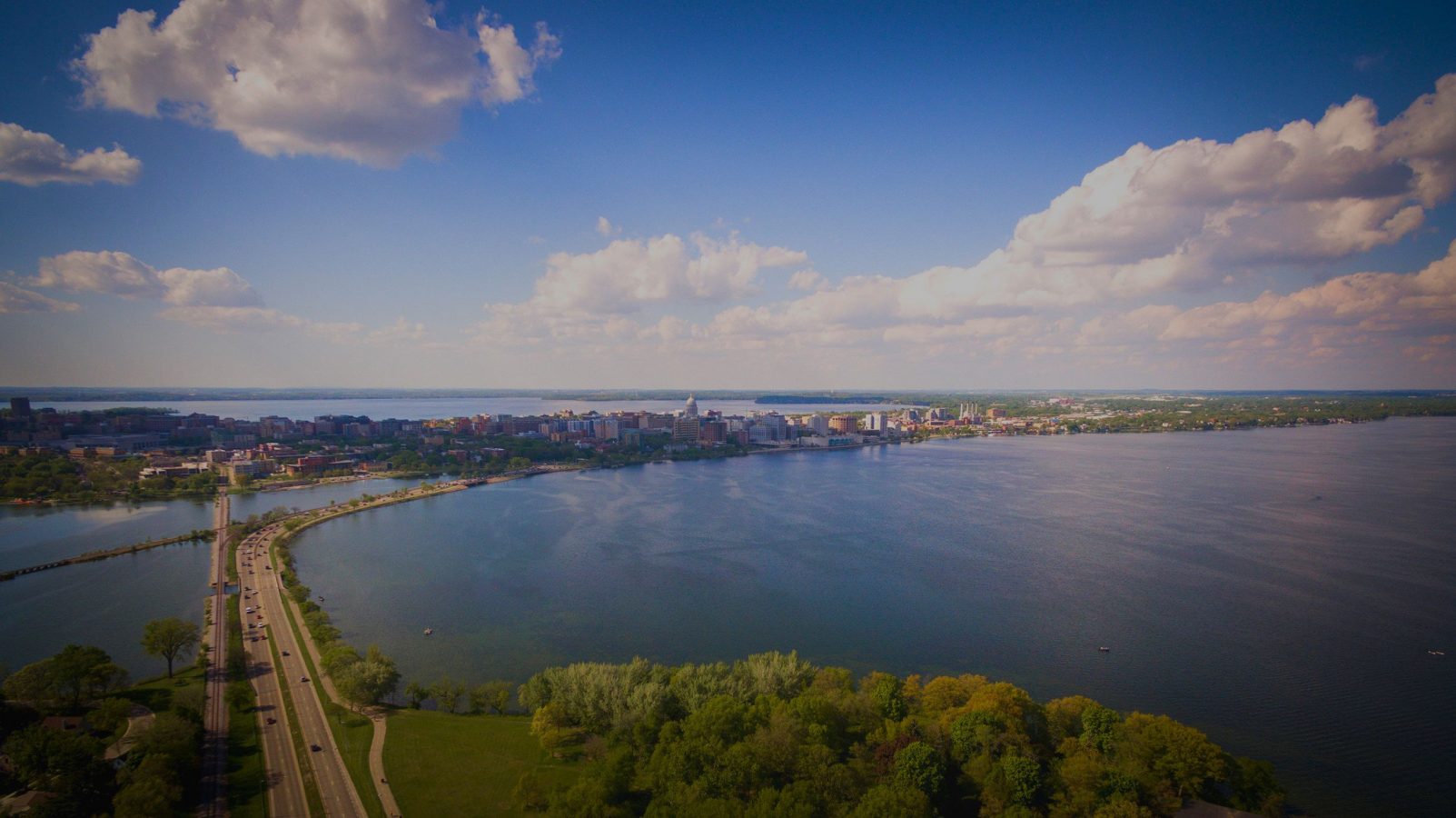 Aerial view of Lake Monona and Madison downtown
