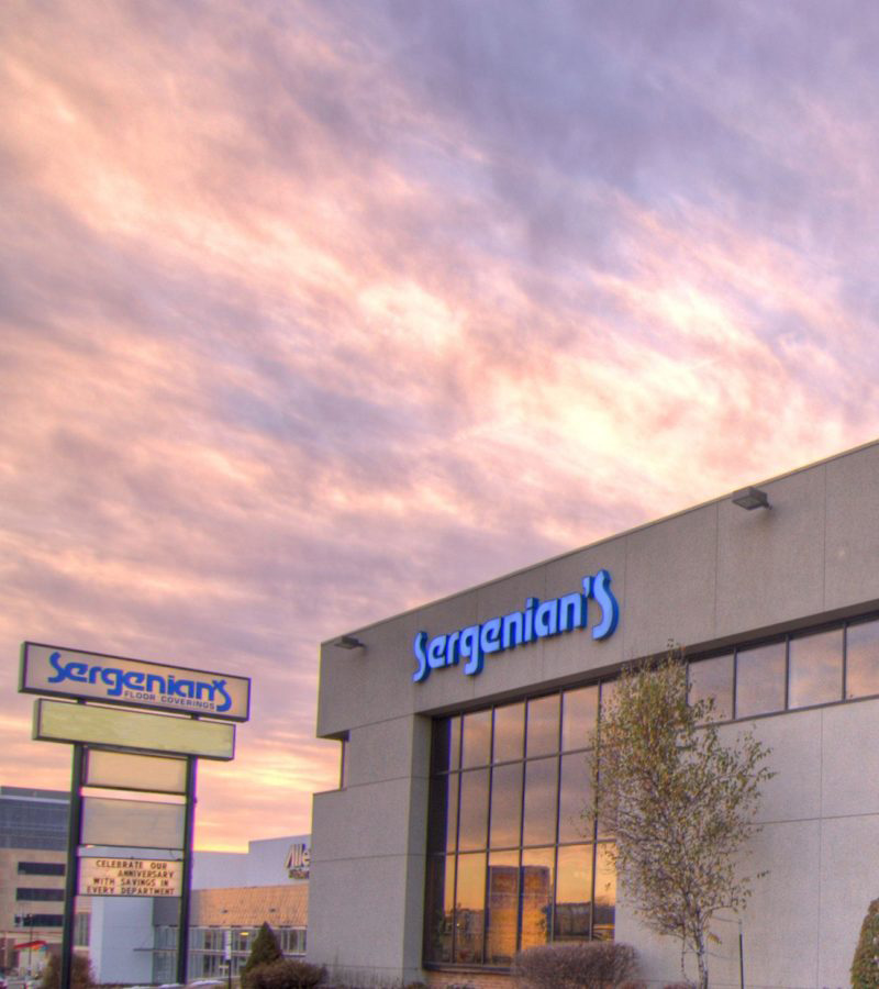 Exterior of Sergenian's building at sunset