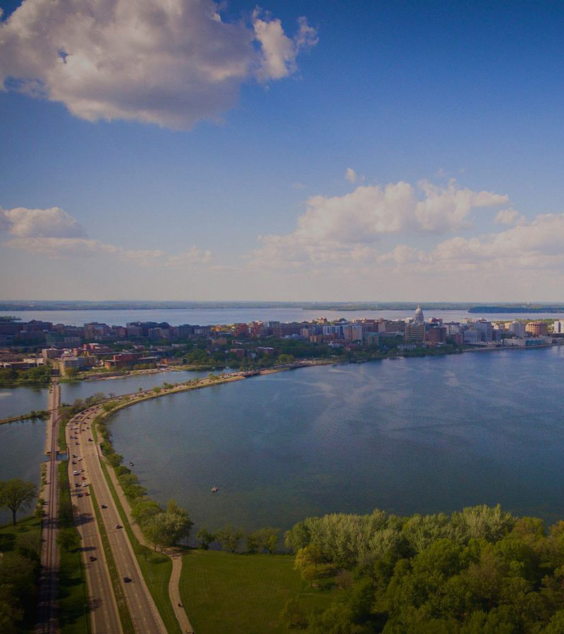 Aerial view of Lake Monona and Madison downtown